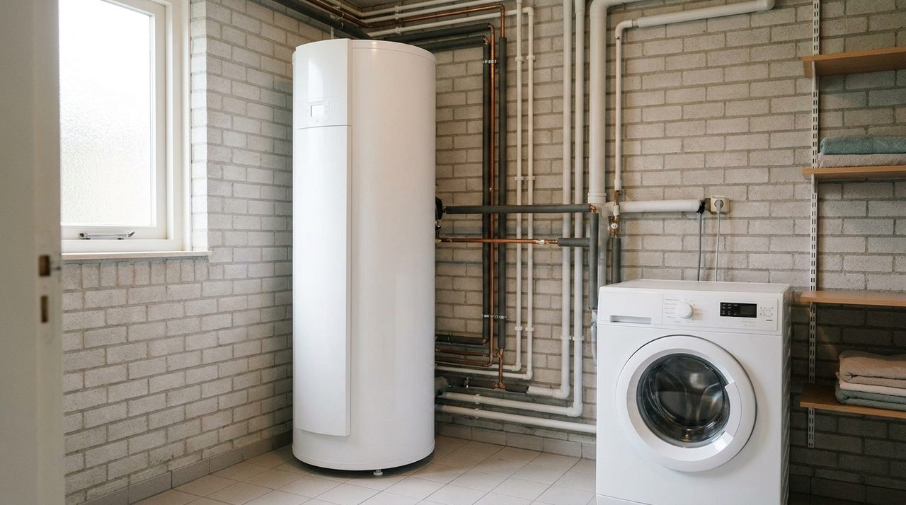 Warmtepompboiler geïnstalleerd in een Nederlandse bijkeuken